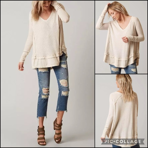 We The Free Pastel Blue V-Neck Waffle Knit Thermal Swing Tee T-Shirt Top - Picture 8 of 11